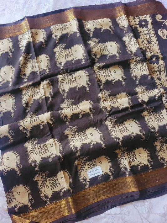 Kalamkari black chennur silk saree with zari border -nandi