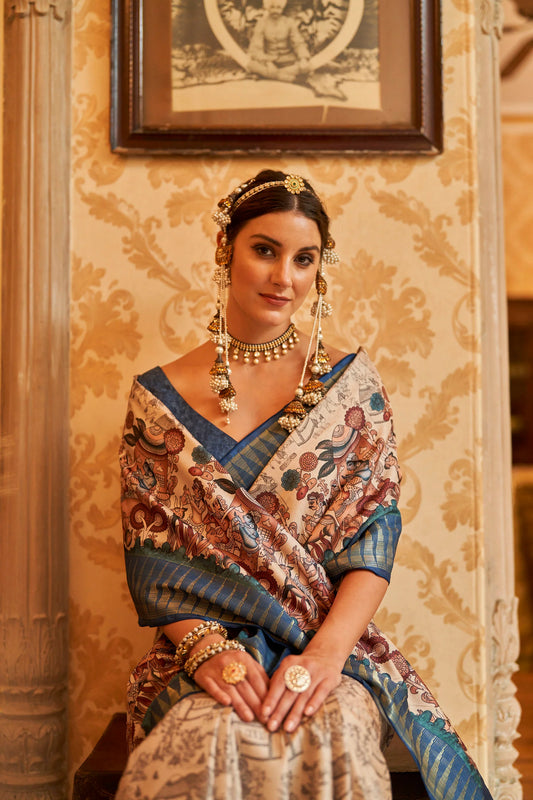 Kalamkari Digital Printed Semi Silk Saree - Blue temple Border