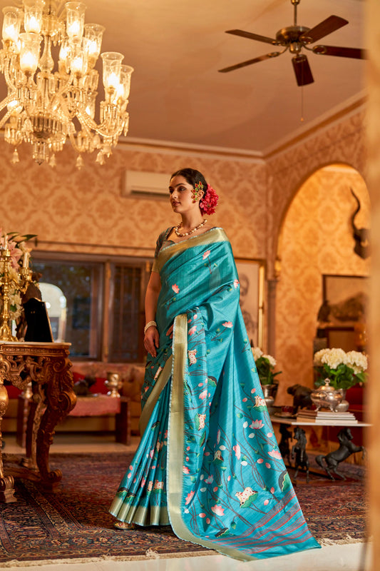 Kalamkari Digital Printed Semi Silk Saree - Blue Pichwai