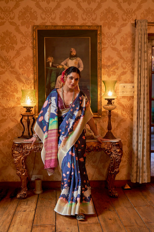 Kalamkari Digital Printed Semi Silk Saree - Blue Pichwai Semi Silk