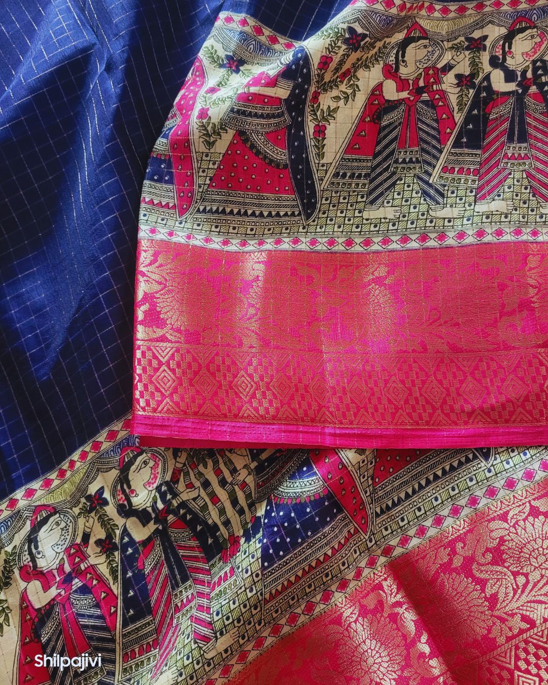 Semi Dola Silk Digital Printed Madhubani Border Saree - Blue Body & Pink Border