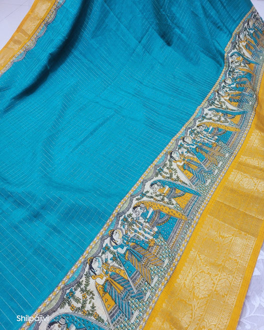 Semi Dola Silk Digital Printed Madhubani Border Saree - Sea Blue Body & Yellow Border