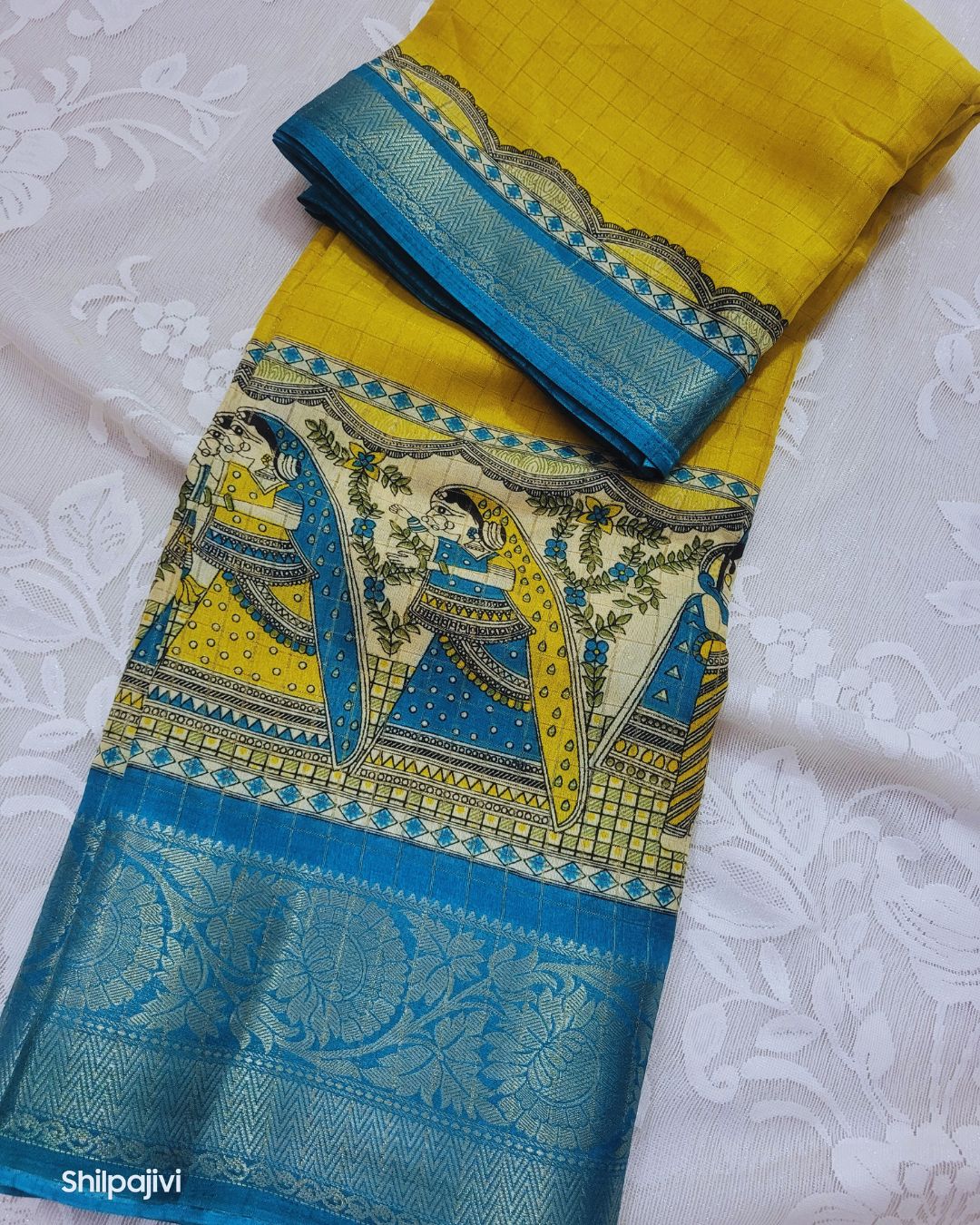 Semi Dola Silk Digital Printed Madhubani Border Saree - Yellow Body & Blue Border