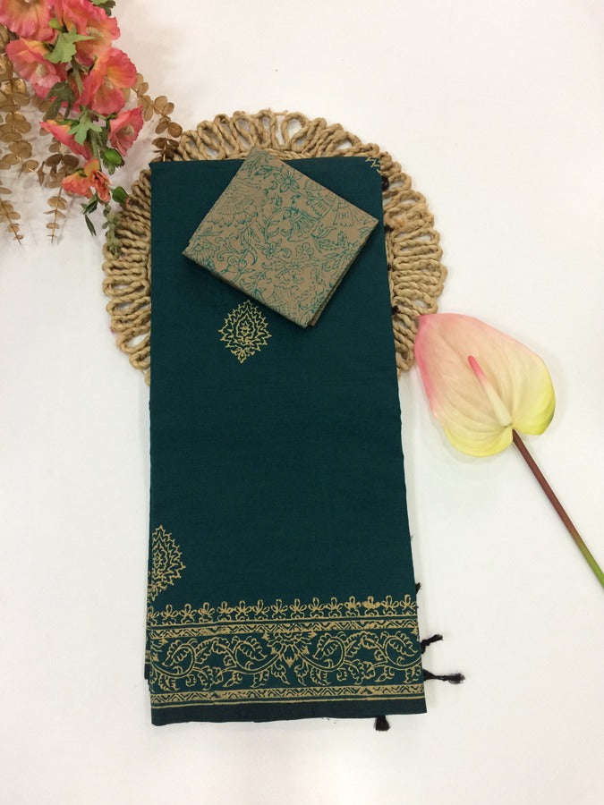 Cotton Mix Block Printed Saree with Contrast Additional Blouse Piece