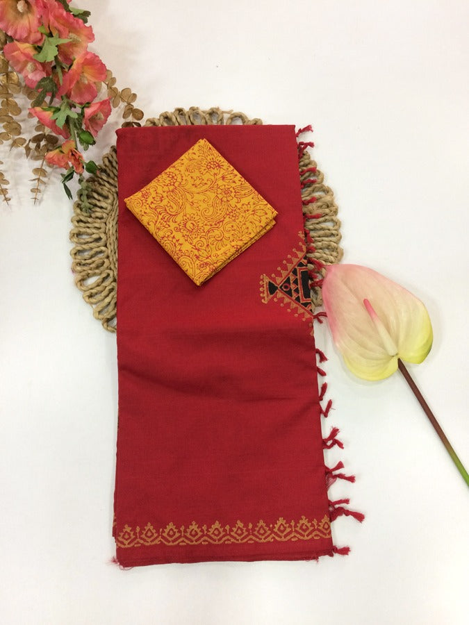 Cotton Mix Block Printed Saree with Contrast Additional Blouse Piece