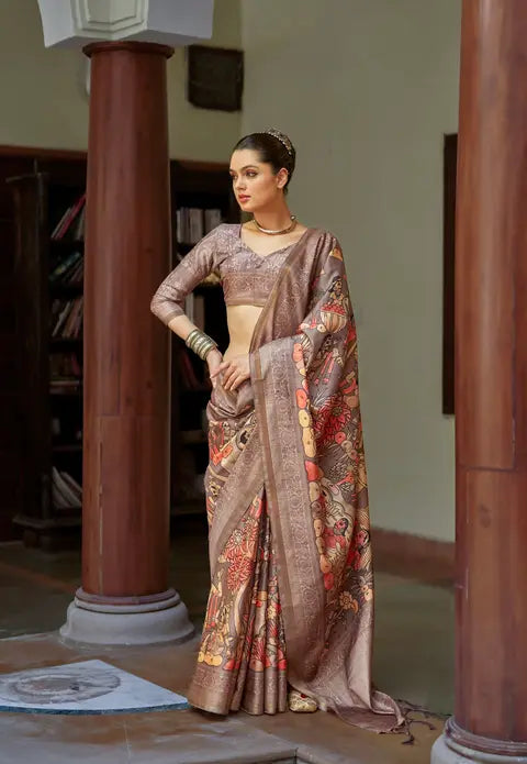 Kalamkari Digital Printed Semi Chanderi Silk Saree - Chaitramala