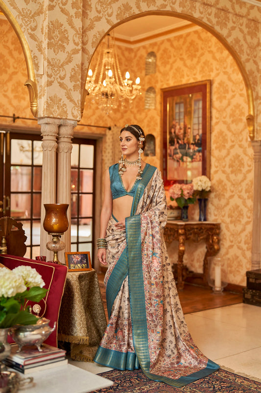 Kalamkari Digital Printed Semi Silk Saree - Sky temple Border