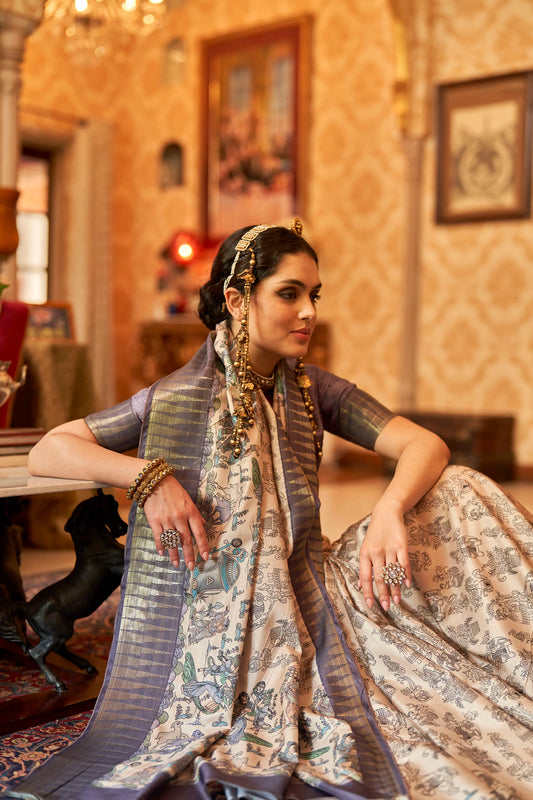 Kalamkari Digital Printed Semi Silk Saree - Grey Temple Border