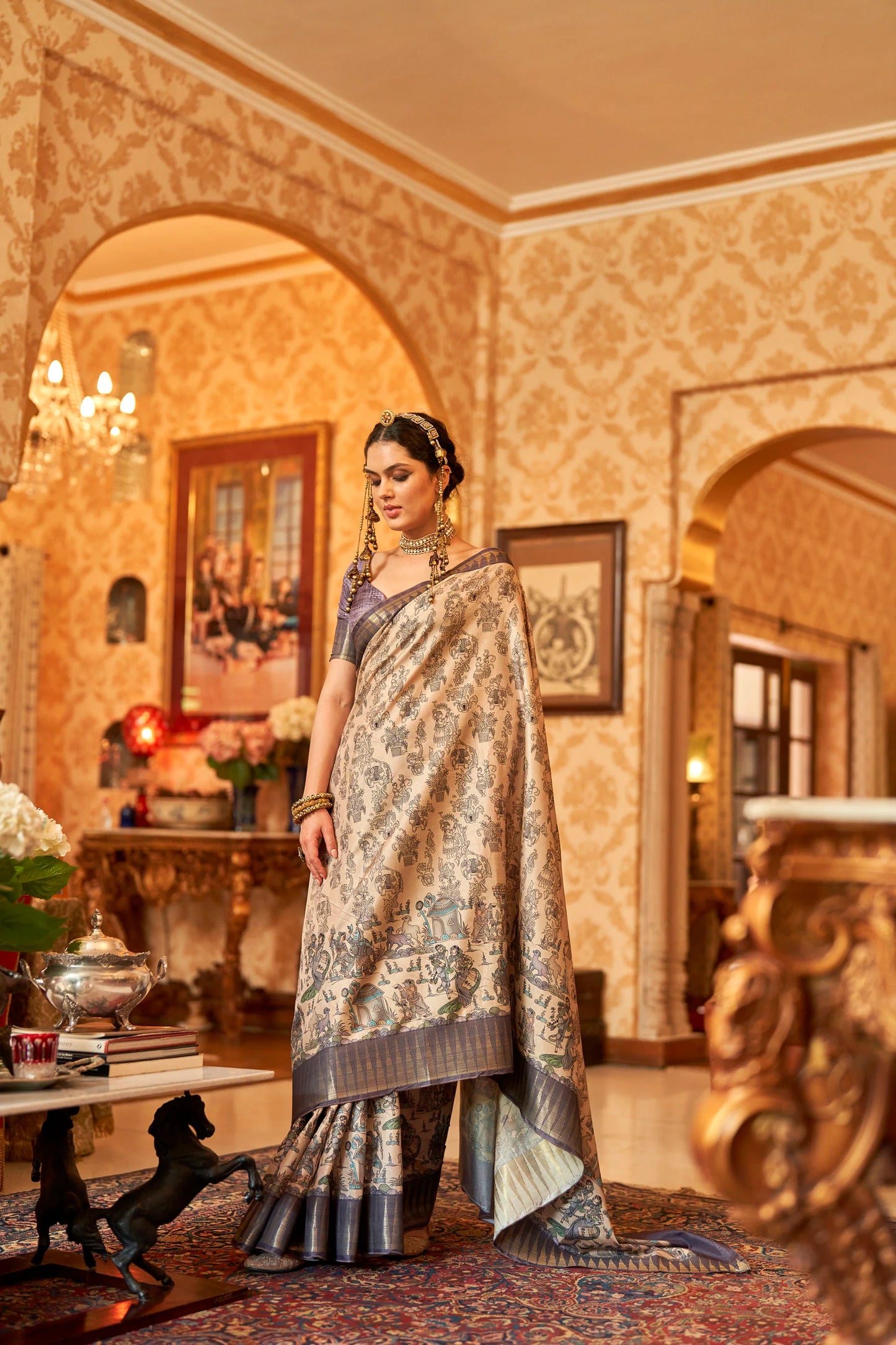 Kalamkari Digital Printed Semi Silk Saree - Grey Temple Border