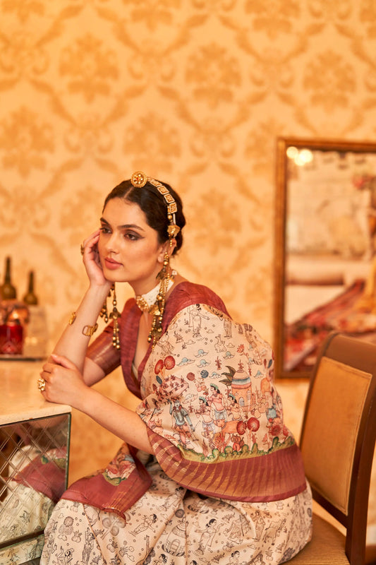 Kalamkari Digital Printed Semi Silk Saree - Multi temple border