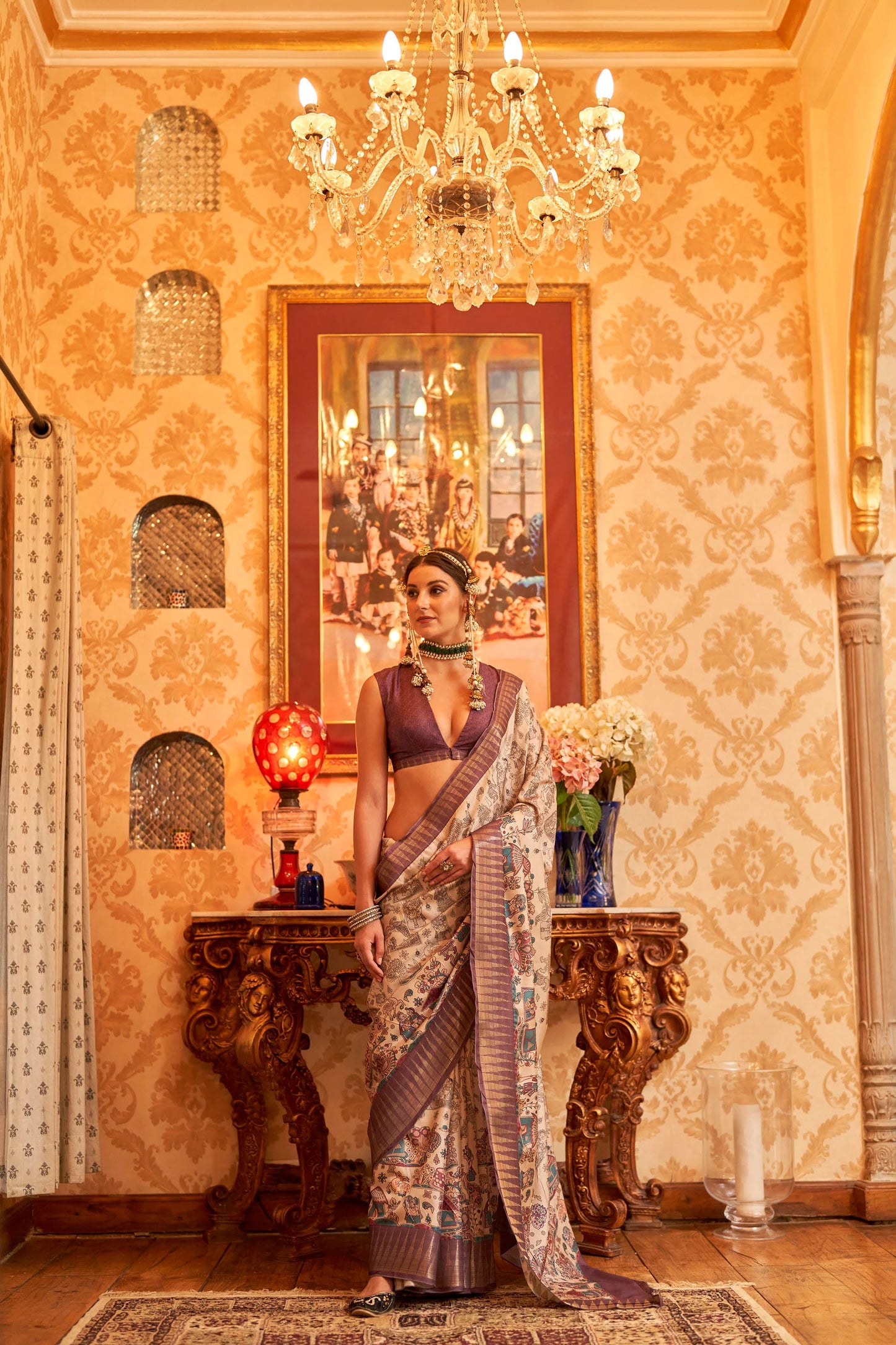 Kalamkari Digital Printed Semi Silk Saree - Purple Temple Border