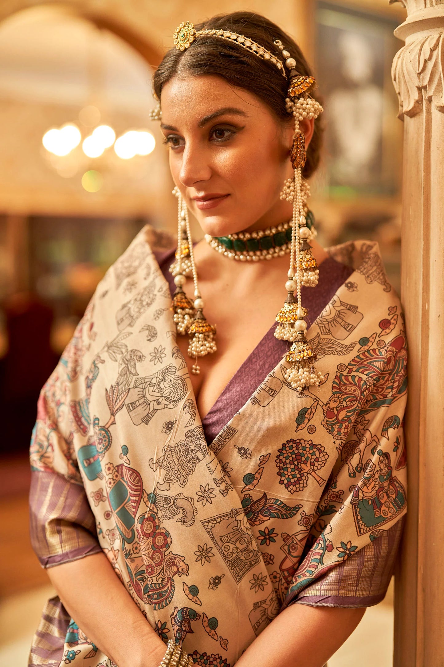 Kalamkari Digital Printed Semi Silk Saree - Purple Temple Border