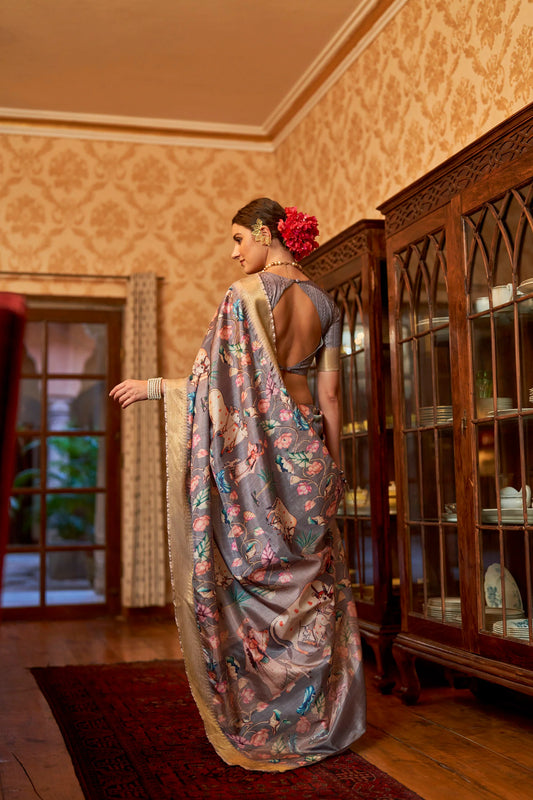 Kalamkari Digital Printed Semi Silk Saree - Grey Pichwai