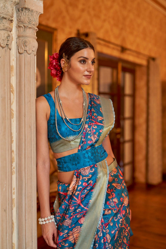 Kalamkari Digital Printed Semi Silk Saree - Blue Kalamkari Floral