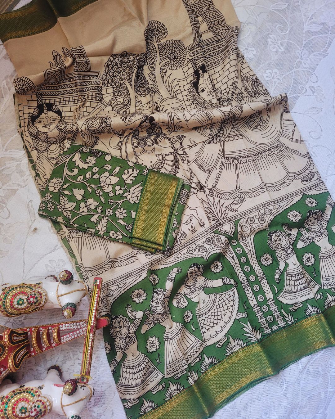 Kalamkari Silk Unstitched Lehenga Fabric 3pcs Set - Dark Green