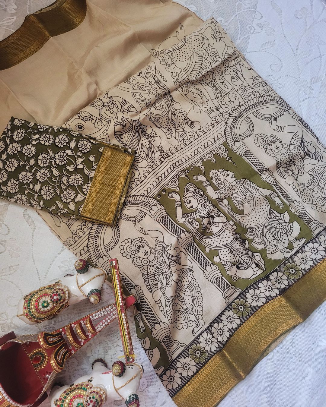 Kalamkari Silk Unstitched Lehenga Fabric 3pcs Set - Light Green