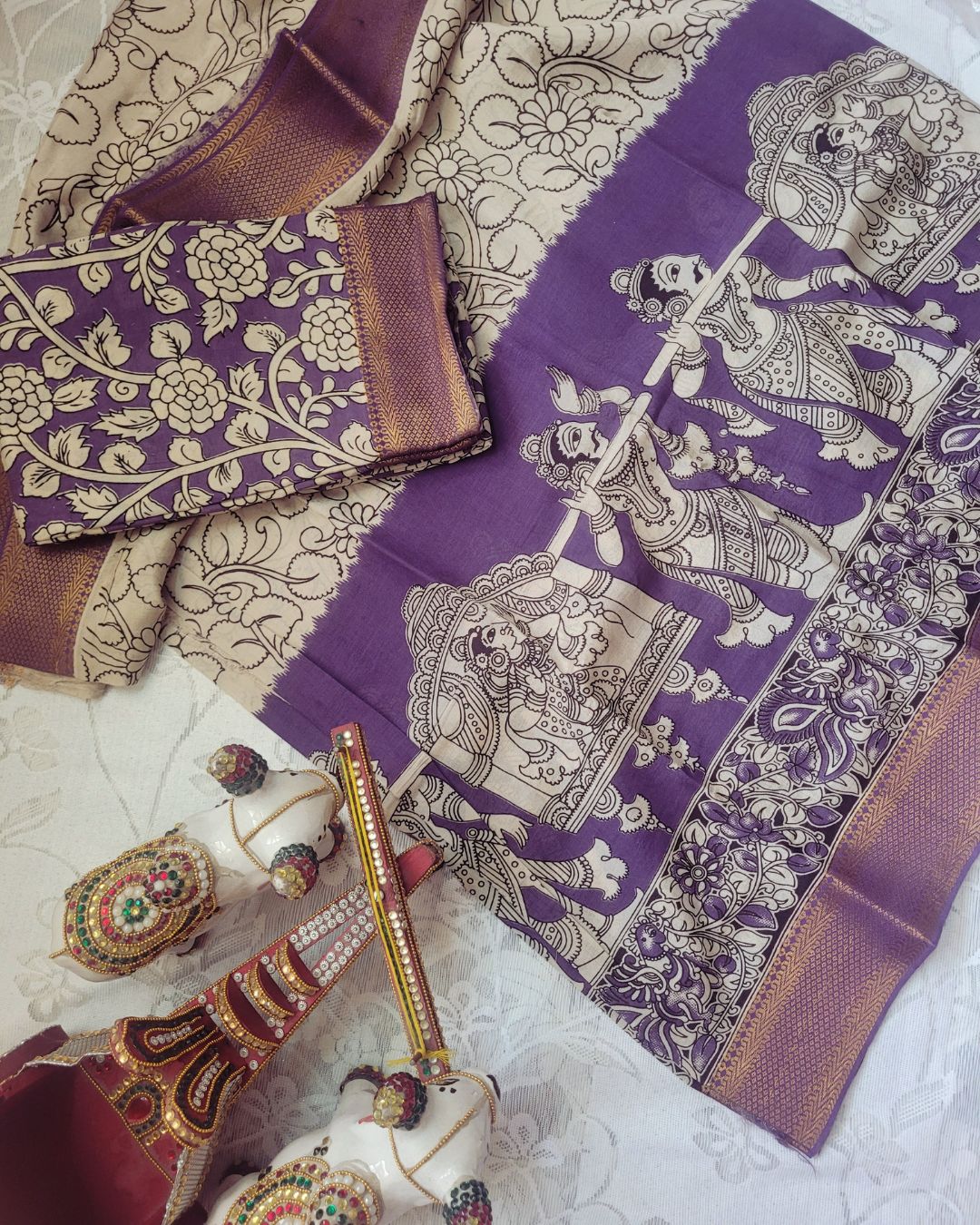 Kalamkari Silk Unstitched Lehenga Fabric 3pcs Set - purple