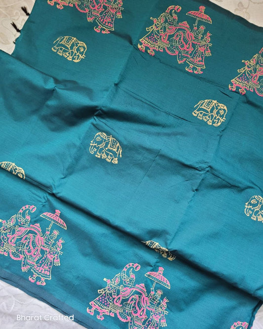 Cotton Mix Block Printed Saree with Contrast Additional Blouse Piece - Shaym Blue Ambari