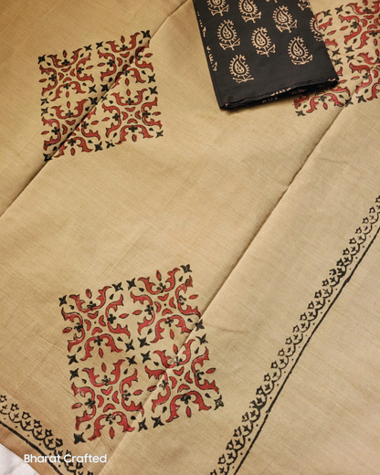 Cotton Mix Block Printed Saree with Contrast Additional Blouse Piece - Dusky Grey With Prisma Print