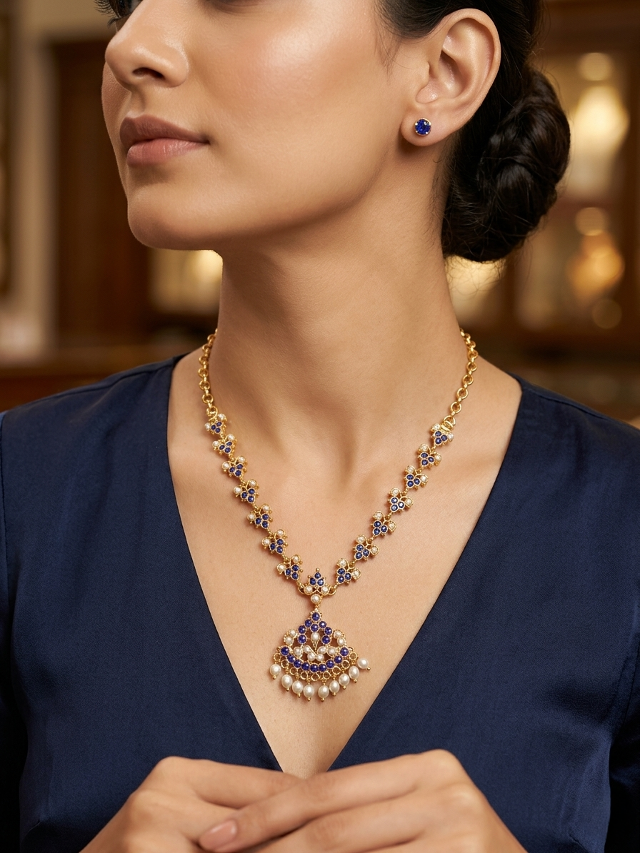 Vintage style panchaloham attigai purple and pearl necklace
