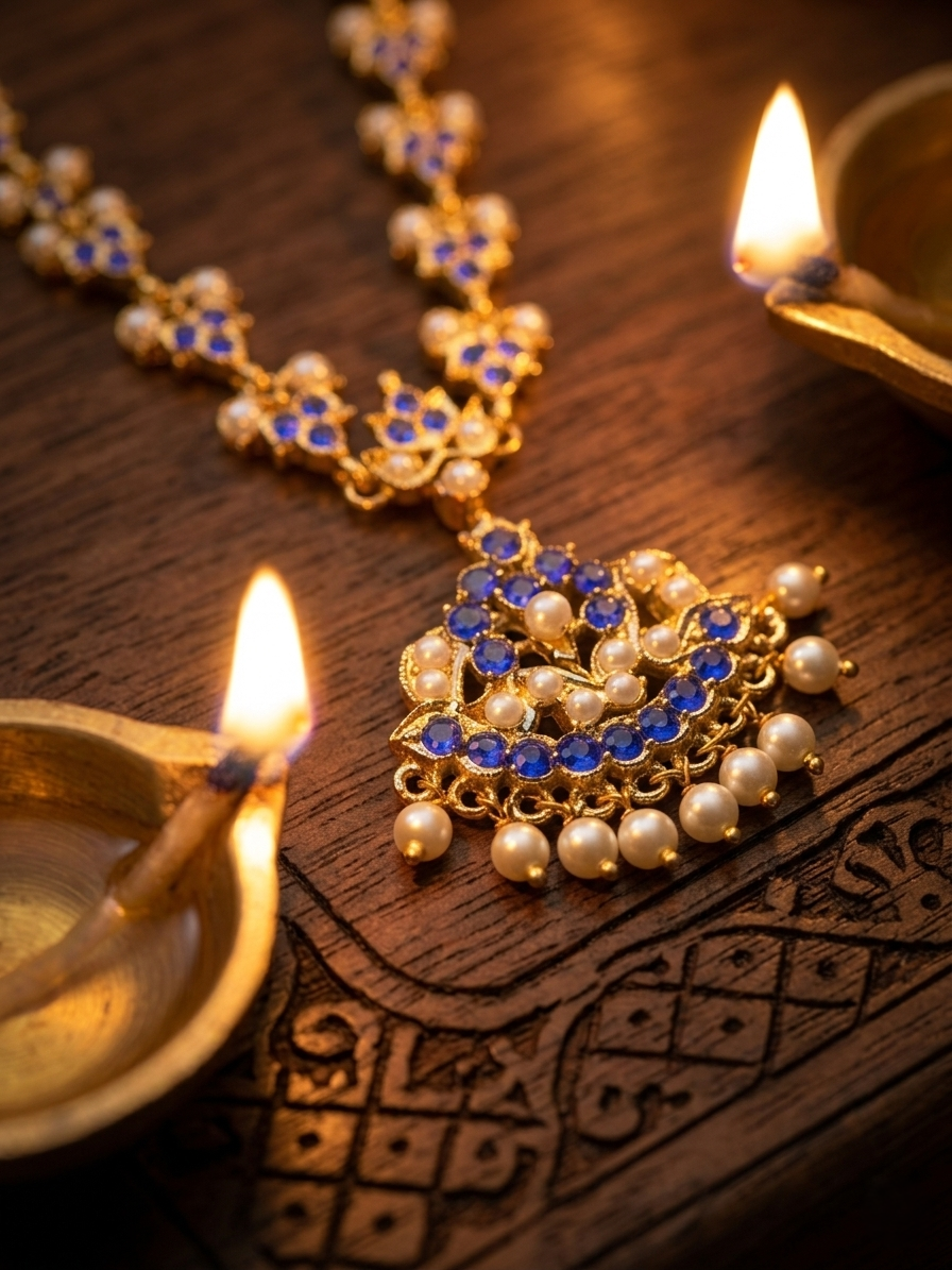 Vintage style panchaloham attigai purple and pearl necklace