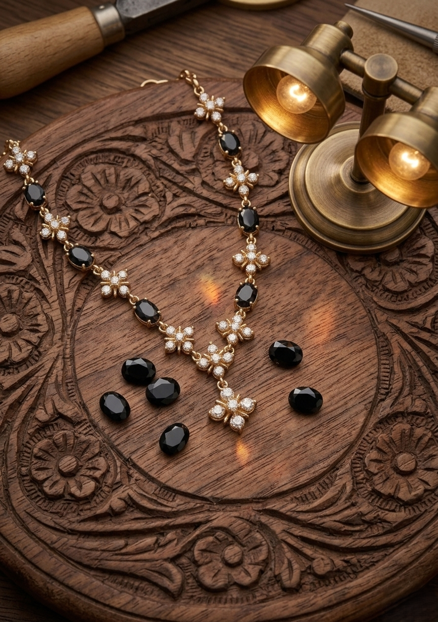 Vintage style panchaloham black and white AD Necklace