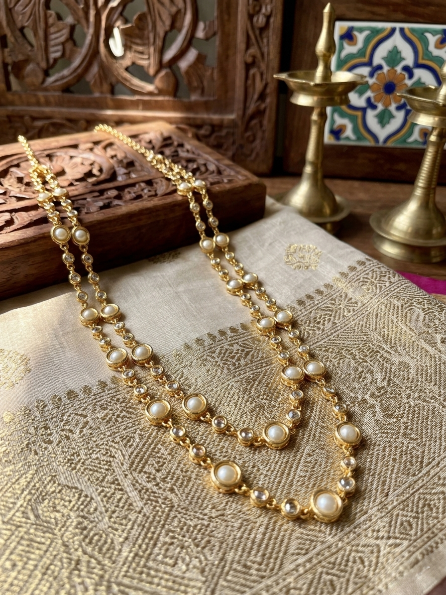 Vintage style dual line pearl panchaloham Necklace