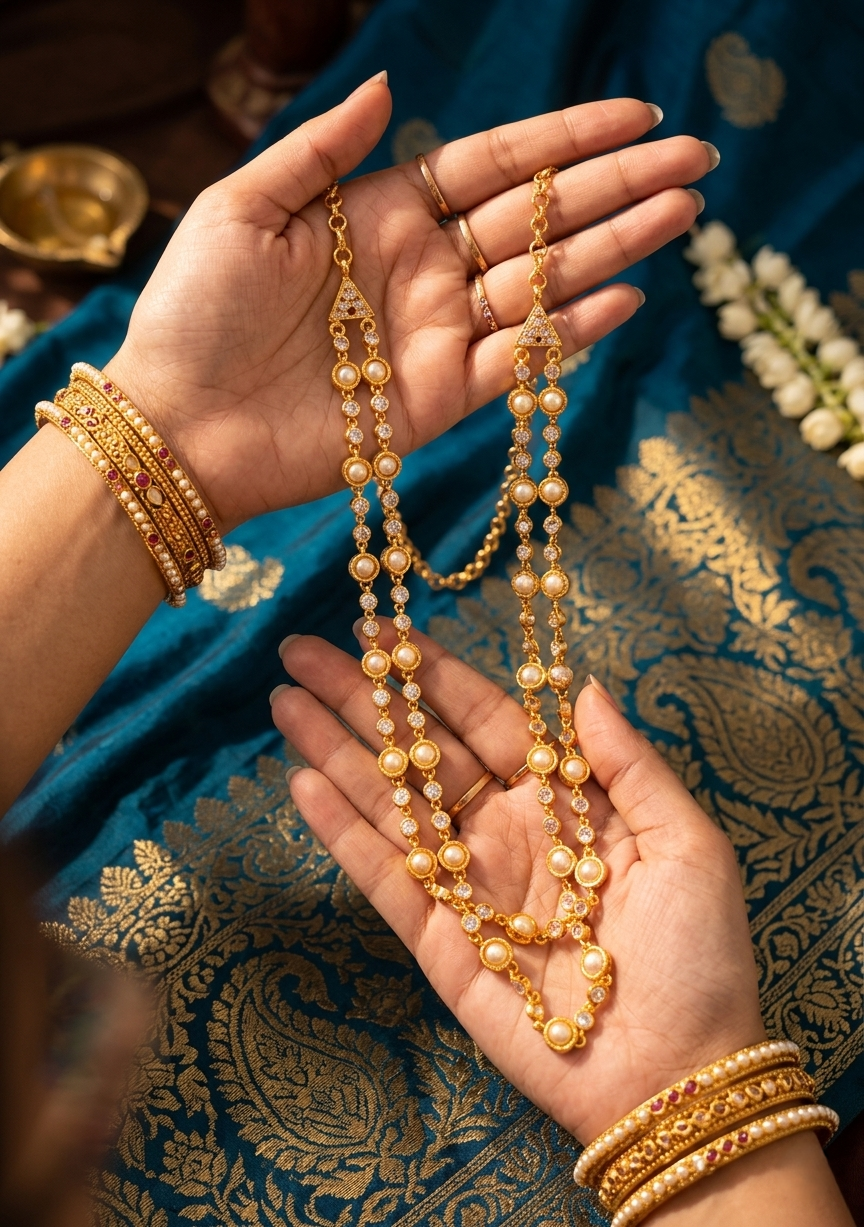 Vintage style dual line pearl panchaloham Necklace