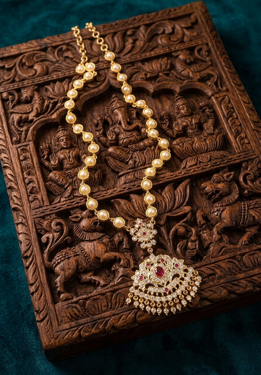 Panchaloham pearl  long haram with vintage big pendent