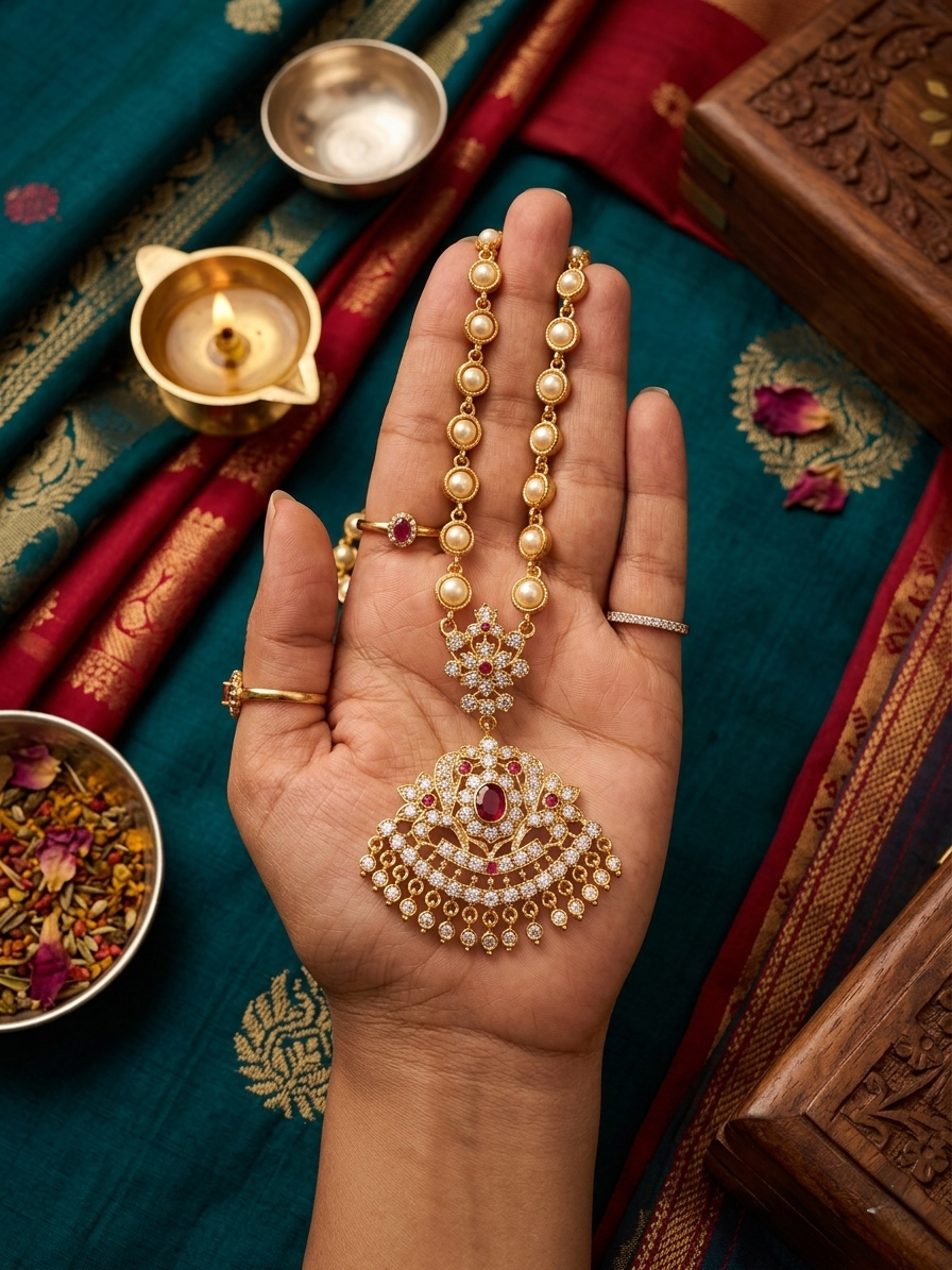Panchaloham pearl  long haram with vintage big pendent