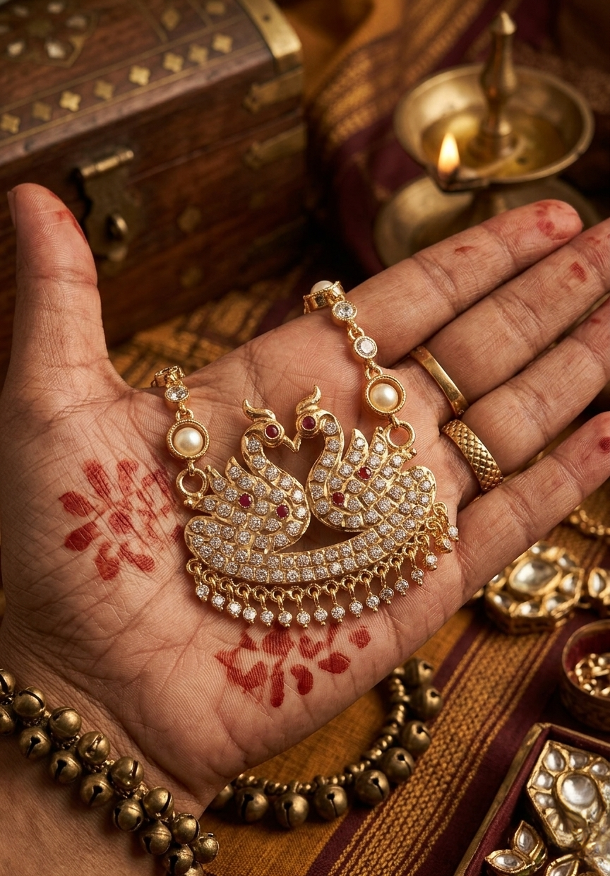 Vintage style panchaloham pearl haram with swan pendent
