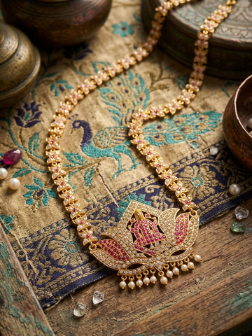 Vintage style panchaloham long pearl and ruby haram with laxmi lotus pendent