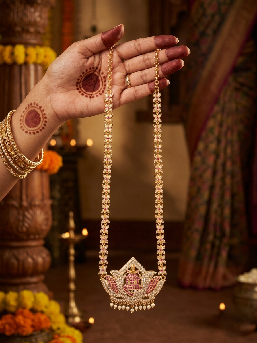 Vintage style panchaloham long pearl and ruby haram with laxmi lotus pendent