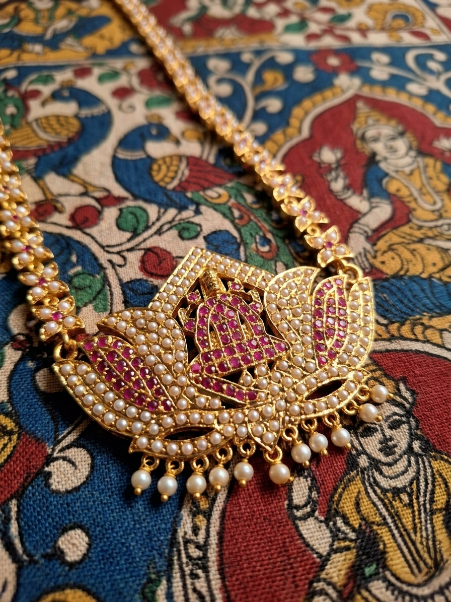 Vintage style panchaloham long pearl and ruby haram with laxmi lotus pendent