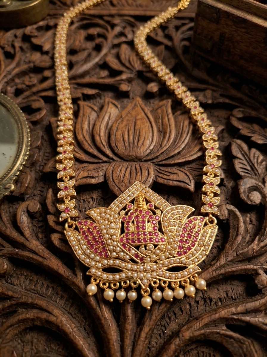 Vintage style panchaloham long pearl and ruby haram with laxmi lotus pendent