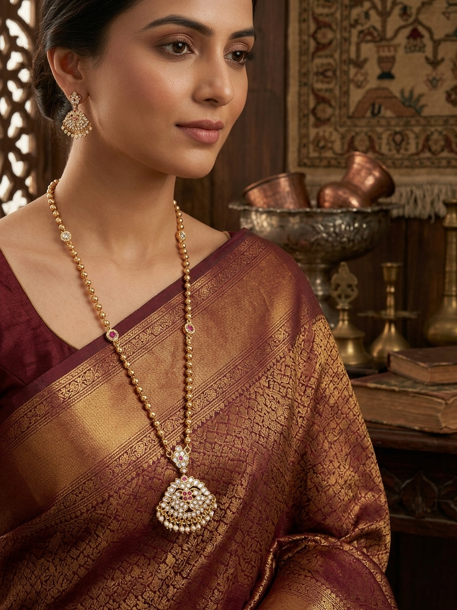 Vintage style panchaloham balls chain long haram with pendent