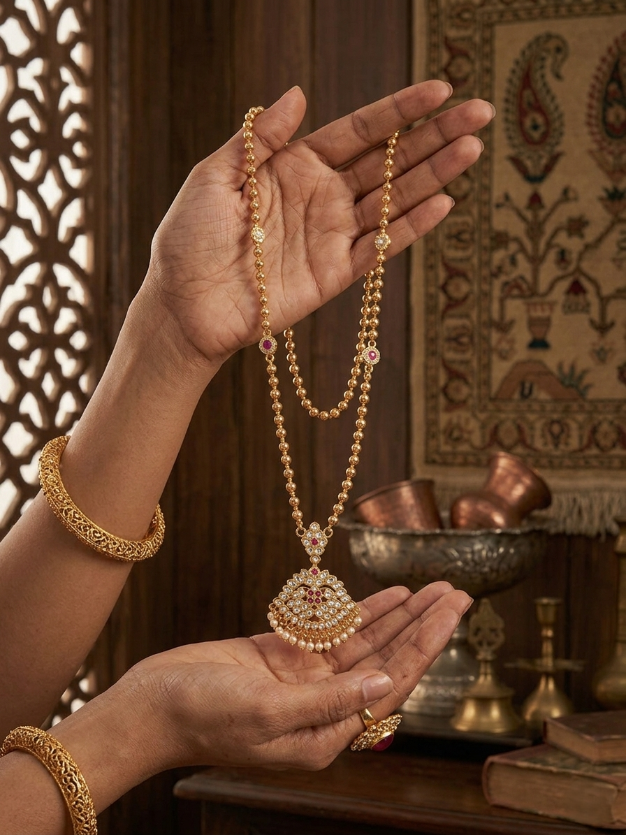 Vintage style panchaloham balls chain long haram with pendent