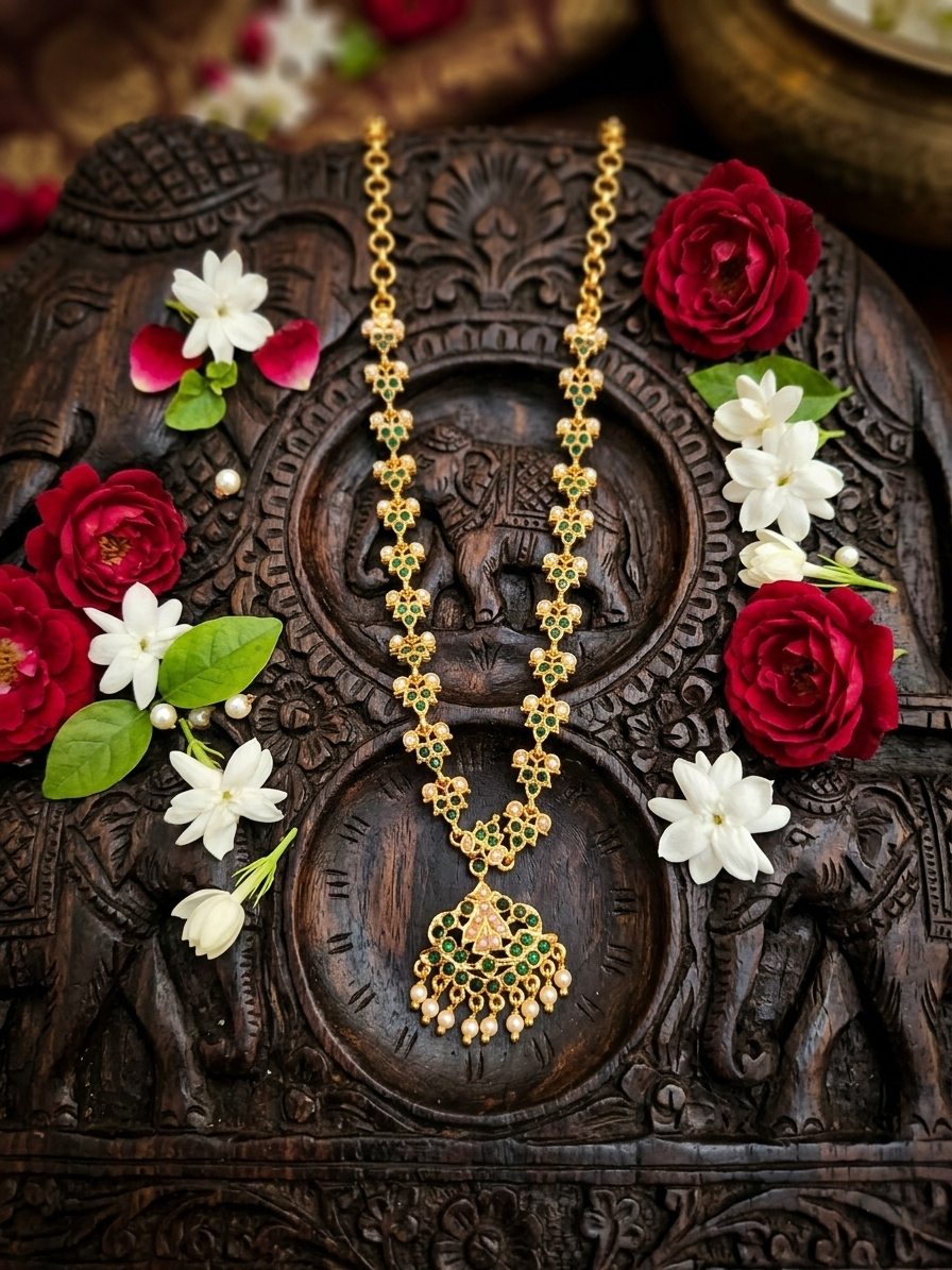 Vintage style panchaloham Necklace Attigai - with Green stones