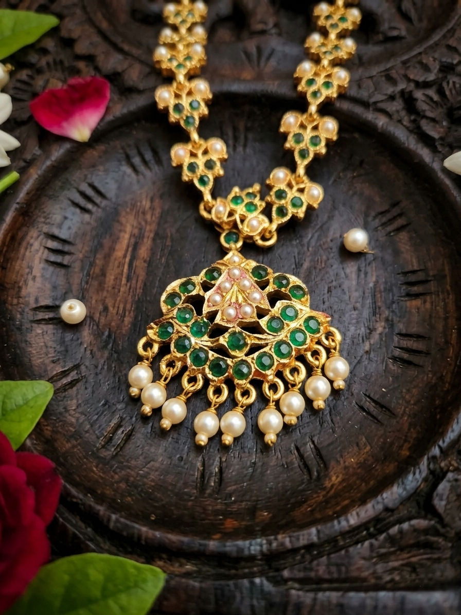 Vintage style panchaloham Necklace Attigai - with Green stones