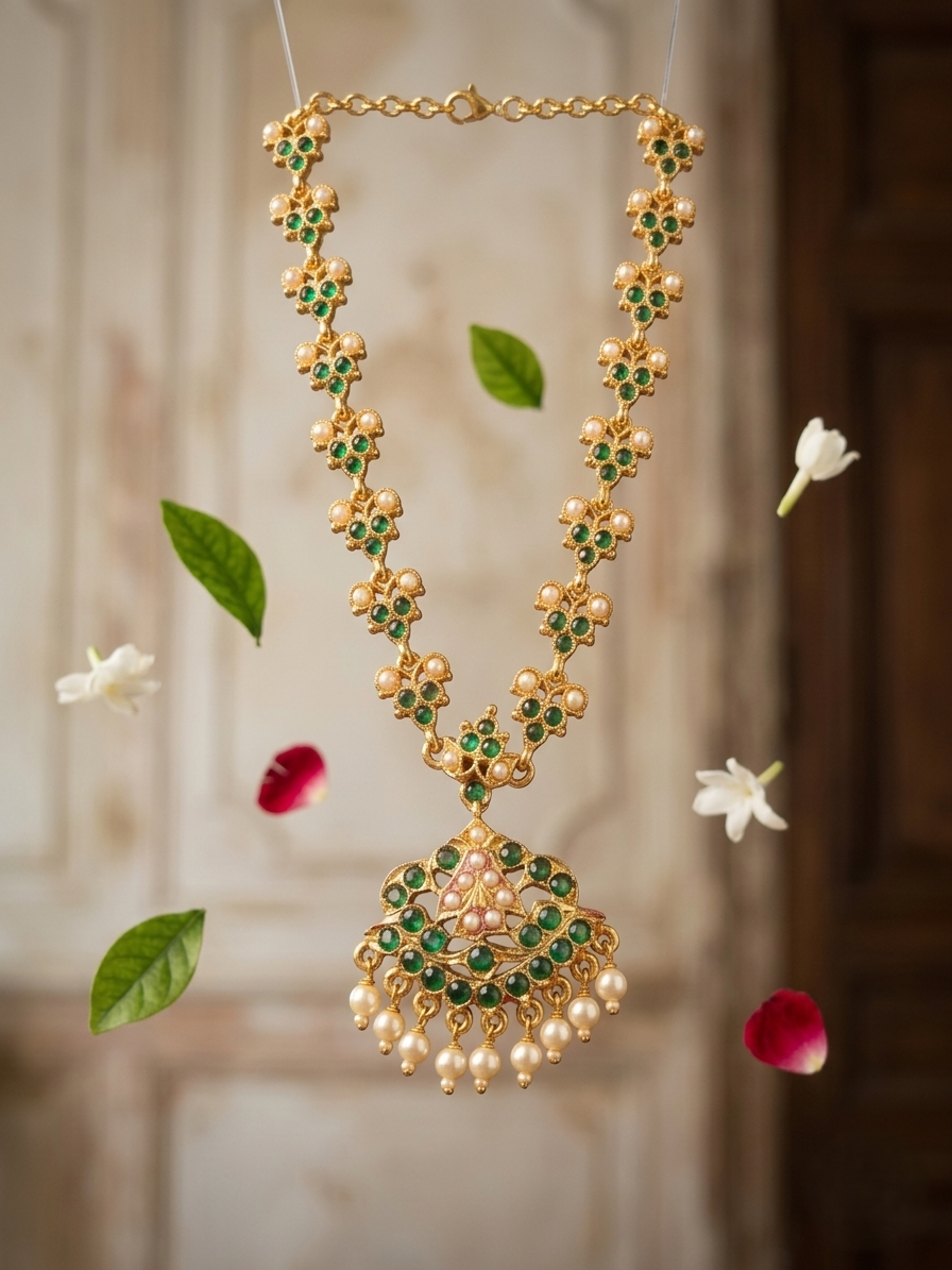 Vintage style panchaloham Necklace Attigai - with Green stones