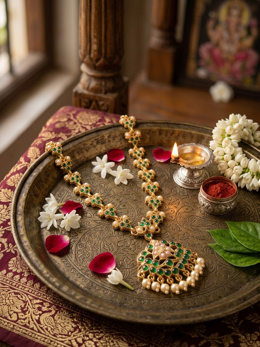 Vintage style panchaloham Necklace Attigai - with Green stones