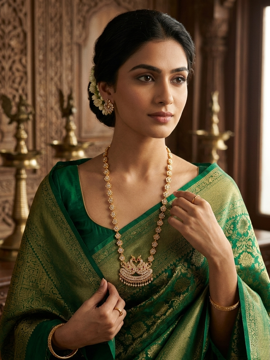 Vintage style panchaloham long haram with swan pendent