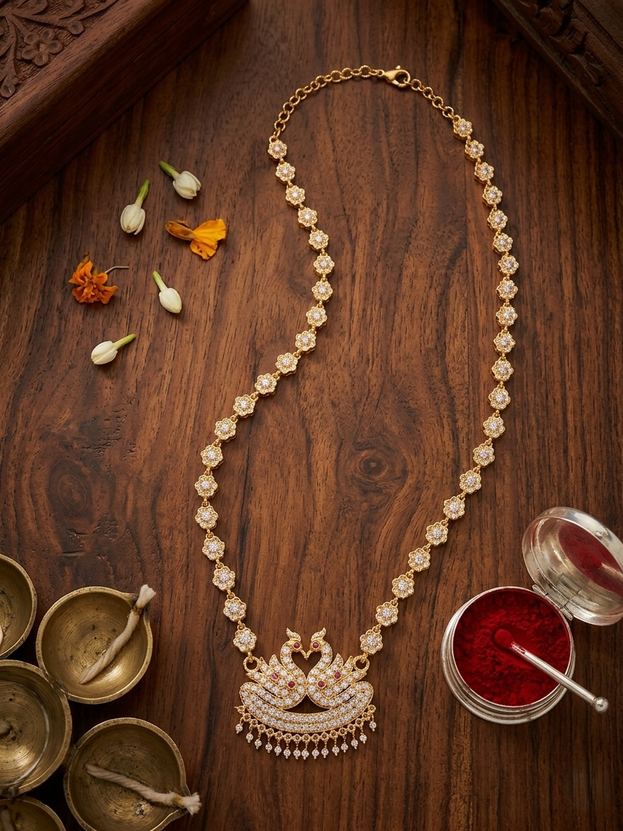 Vintage style panchaloham long haram with swan pendent