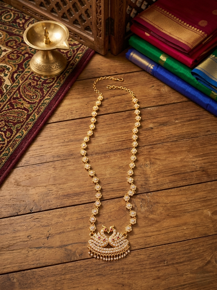 Vintage style panchaloham long haram with swan pendent