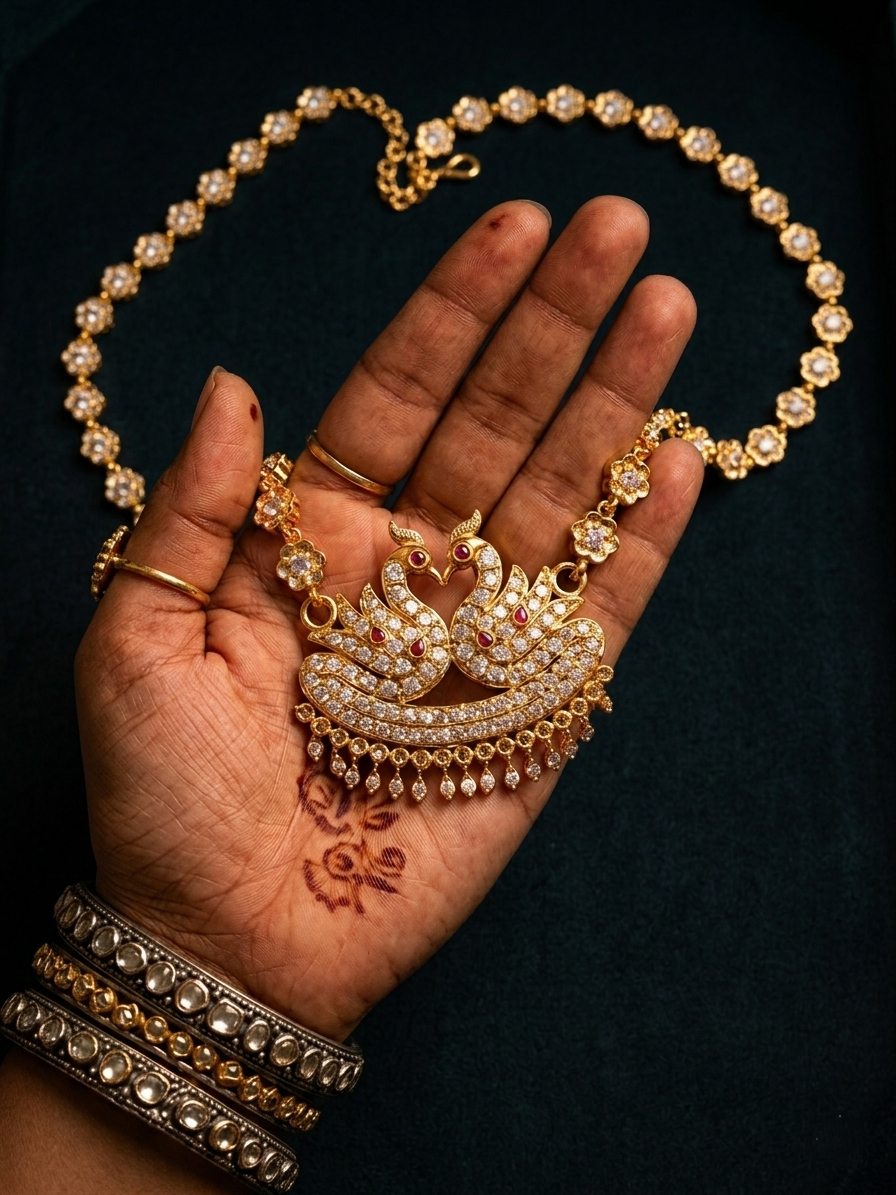 Vintage style panchaloham long haram with swan pendent