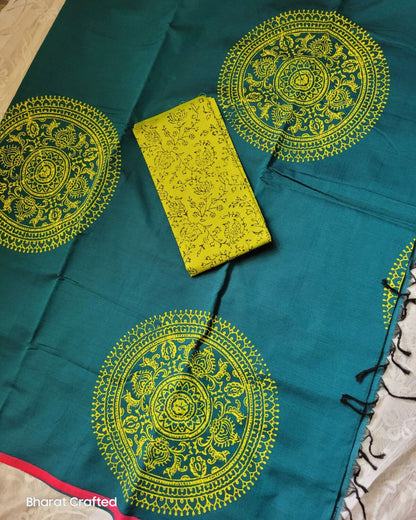 Cotton Mix Block Printed Saree with Contrast Additional Blouse Piece - Florescent Green Chakra