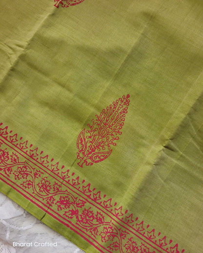Cotton Mix Block Printed Saree with Contrast Additional Blouse Piece - Pastel Green