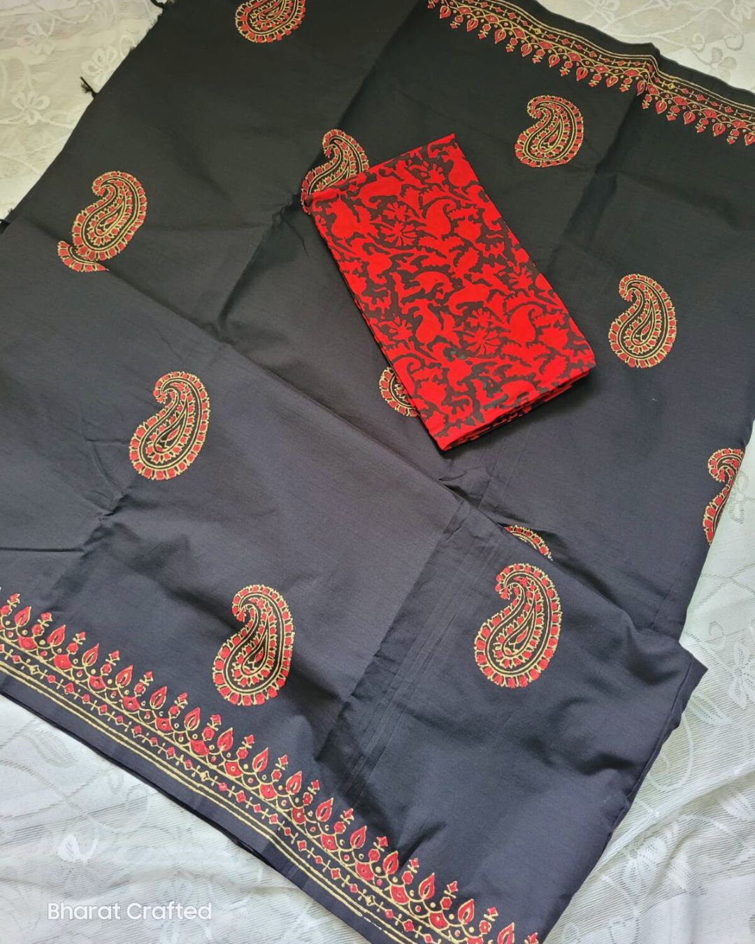 Cotton Mix Block Printed Saree with Contrast Additional Blouse Piece - Florescent Pink Paisley on Black