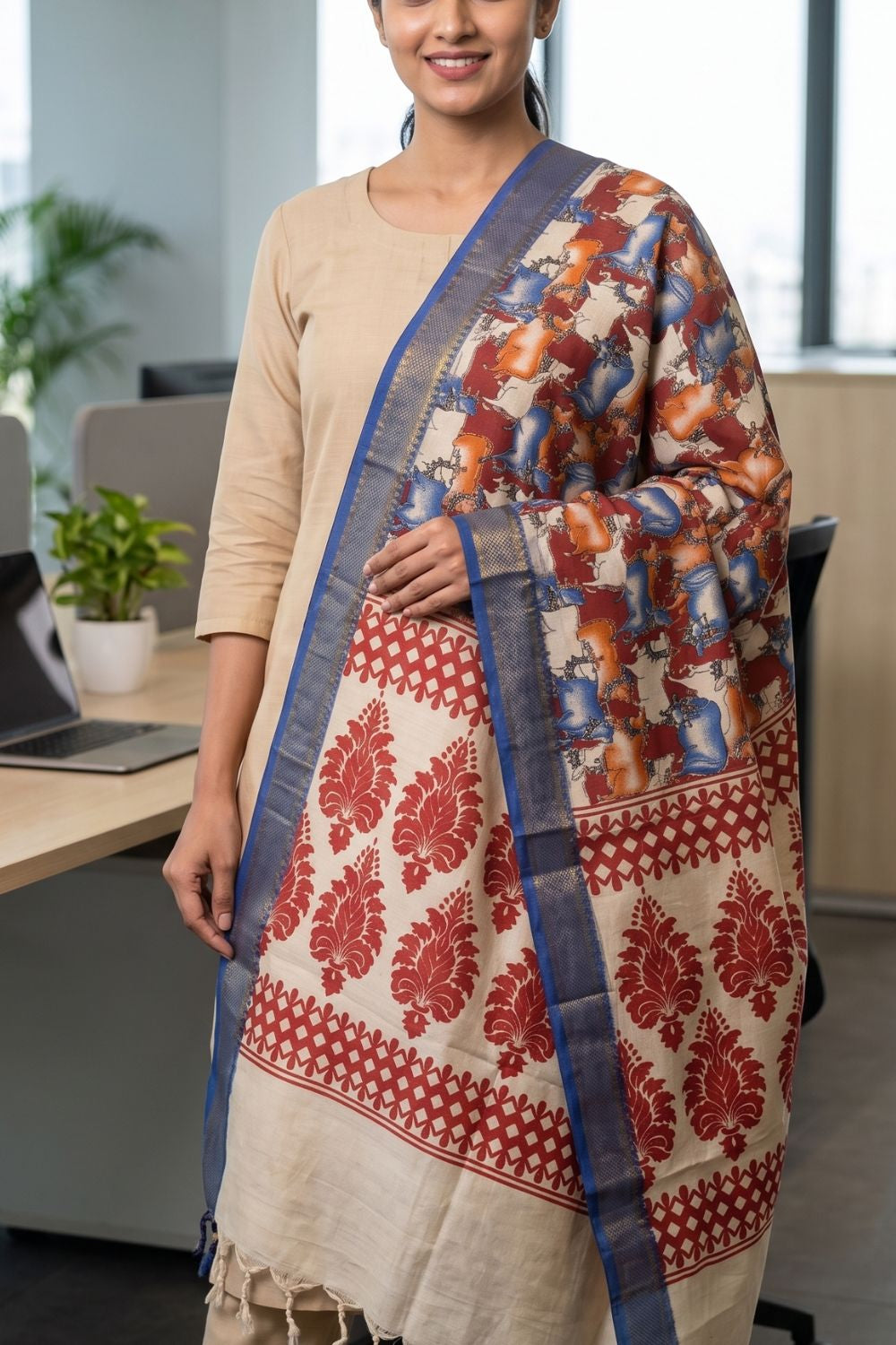 Kalamkari silk pichwai printed dupatta - Blue