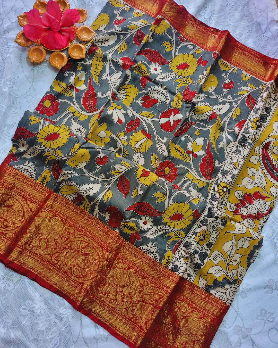 Kalamkari Mangalagiri silk 7 inch Kanchi border saree